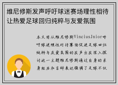 维尼修斯发声呼吁球迷赛场理性相待让热爱足球回归纯粹与友爱氛围