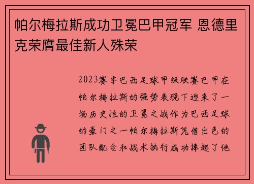 帕尔梅拉斯成功卫冕巴甲冠军 恩德里克荣膺最佳新人殊荣 帕尔梅拉斯成功卫冕巴甲冠军 恩德里克荣膺最佳新人殊荣