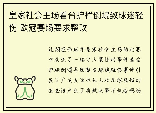 皇家社会主场看台护栏倒塌致球迷轻伤 欧冠赛场要求整改